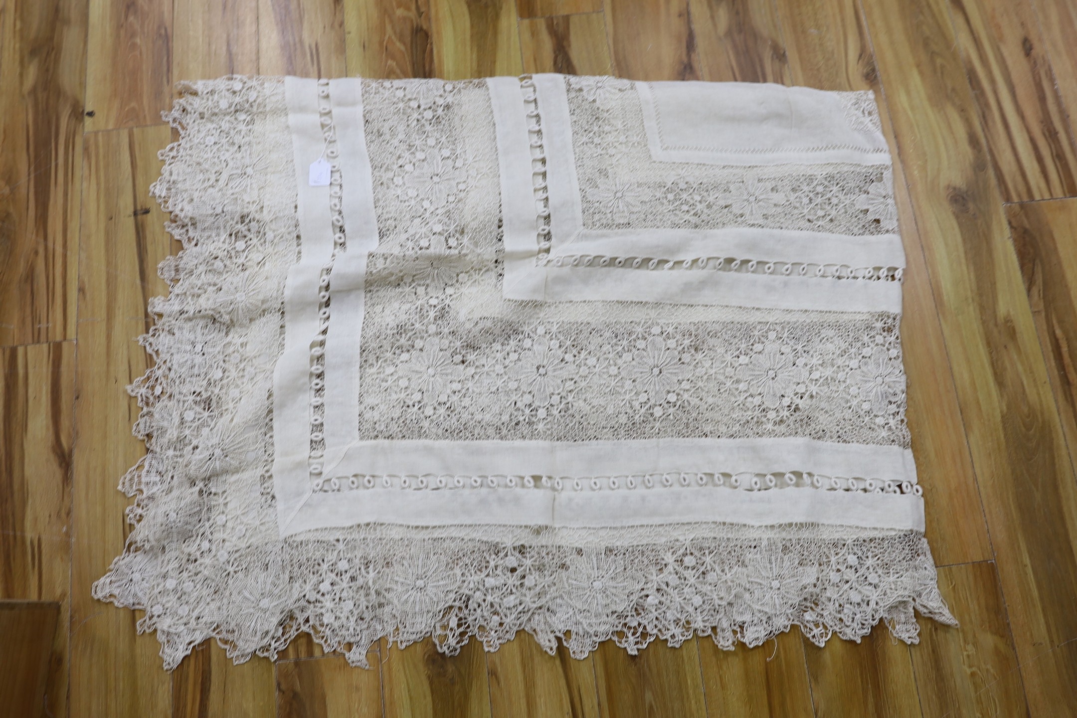 An ornate handworked and linen bedspread, 240 cms x 280 cms